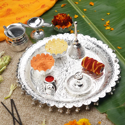 Silver Pooja Plate & Diya